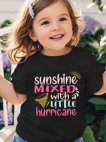 A Casual, Fashionable, And Comfortable Short Sleeved Baby Girl T-Shirt With A Colorful English Letter Print Pattern, Featuring A Playful And Lively Style That Highlights Childlike Fun And Decoration. It Is Suitable For Daily Casual Wear - 黑色 - 查看 1