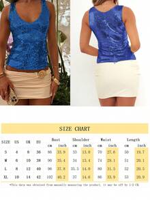 Women's Summer Crop Tank Tops Casual Shiny Sequins V-Neck Sleeveless Shirt Aesthetic Clothes For Streetwear - 藍色 - 查看 2