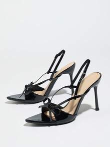 Women's Elegant High-End Bowknot Mule Sandals With Delicate Straps, Mysterious And Graceful Glossy Black Sexy Romantic High Heels, Fashion Versatile Pointed Toe Comfortable Stilettos For Night Party, Wedding, Commute, Outdoor, Dating, Valentine's Day, Mother's Day, Women's Day, New Year Gift