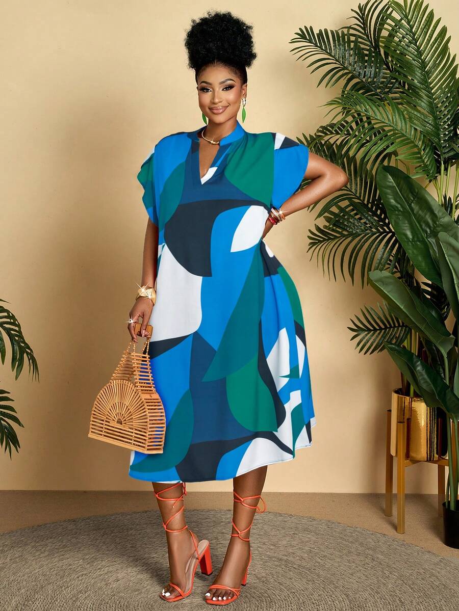BIUBIU Đầm midi dáng rộng, cổ chữ V, tay bồng, họa tiết hình học, dành cho nữ cỡ lớn, thích hợp mặc hàng ngày/đi nghỉ (Họa tiết ngẫu nhiên) - Thanh lịch - Xanh và trắng - Xem 1