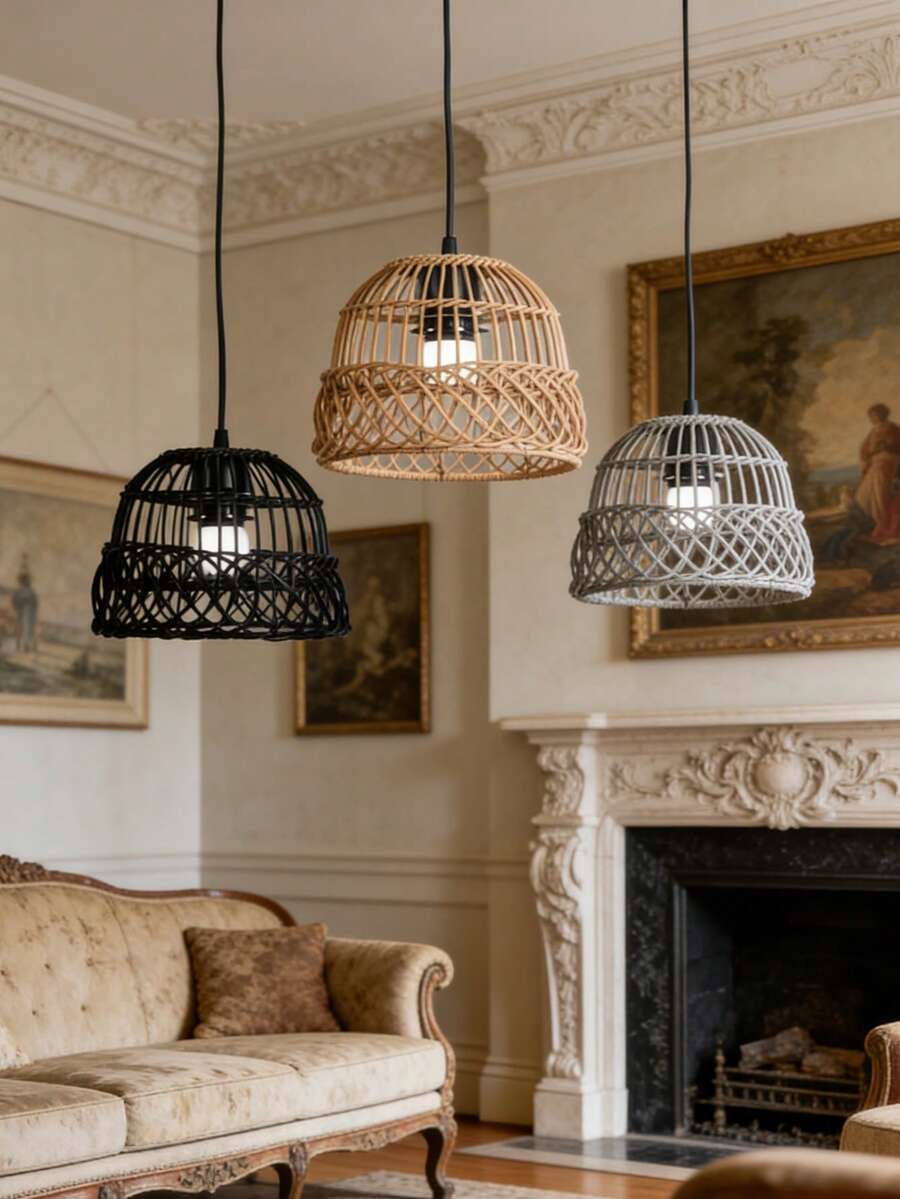 1个仿藤编织乡村风吊灯灯罩，复古侘寂风格吊灯装饰，适用于酒店/家居装饰