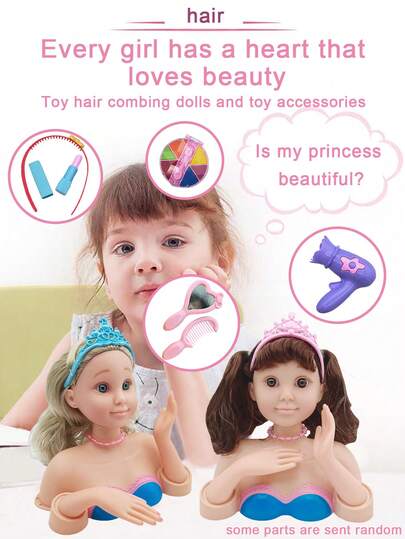 DIY美发玩具，逼真半身娃娃玩具，儿童趣味减压练习玩具，可梳理、编辫、造型，女孩角色扮演玩具，培养动手能力，辅助家长，生日/节日礼物，包含梳子、镜子，6件套