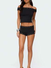 Women's Two Piece Outfit Off The Shoulder Crop Tops And Low Waist Shorts Set Sportswear Streetwear - 黑色 - 查看 5