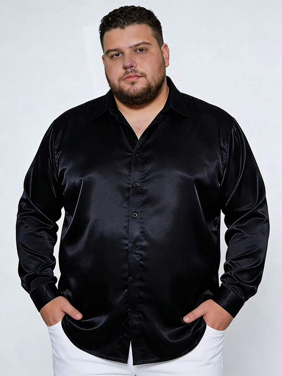 Áo sơ mi dài tay cỡ lớn dành cho nam, áo sơ mi thời trang thường ngày cho hộp đêm, áo khoác sơ mi màu trơn cổ điển. - màu đen - Xem 1