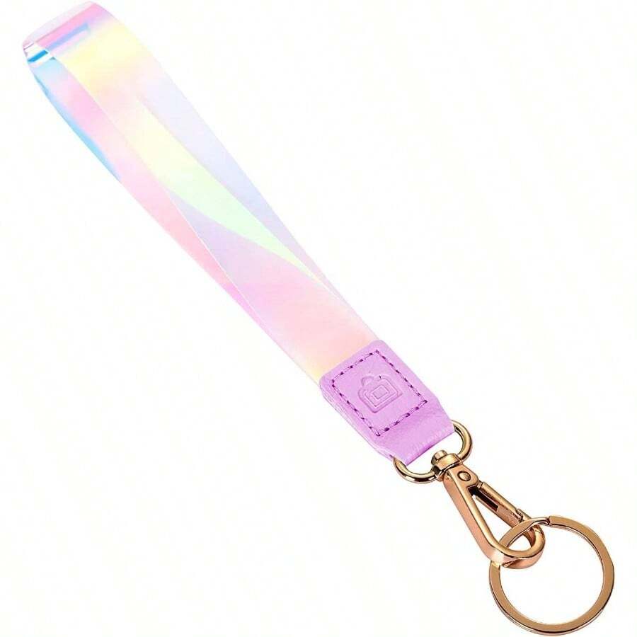 Bonito cordn de mueca para llaves/correa de mueca para mujer, para, pequea cartera y telfono/soporte de llavero corto esttico con cierre/accesorios hologrficos brillantes para nias color lila - inicial - Ver 1