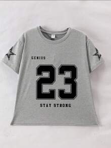 Girl's Letter Print Slogan Graphic Short Sleeve T-Shirt, Girl's Summer Round Neck Blouse, Back To School Outfit - Grey - View 3