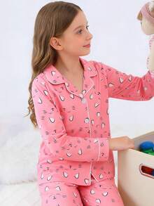2pcs Tween Girl Pajama Set, Cute Cartoon Cat Pattern, Long Sleeve Cardigan Top And Long Pants, Flame Retardant Knit Fabric, Can Be Worn Outerwear, Suitable For All Seasons, Boys And Girls - 粉色 - 查看 6