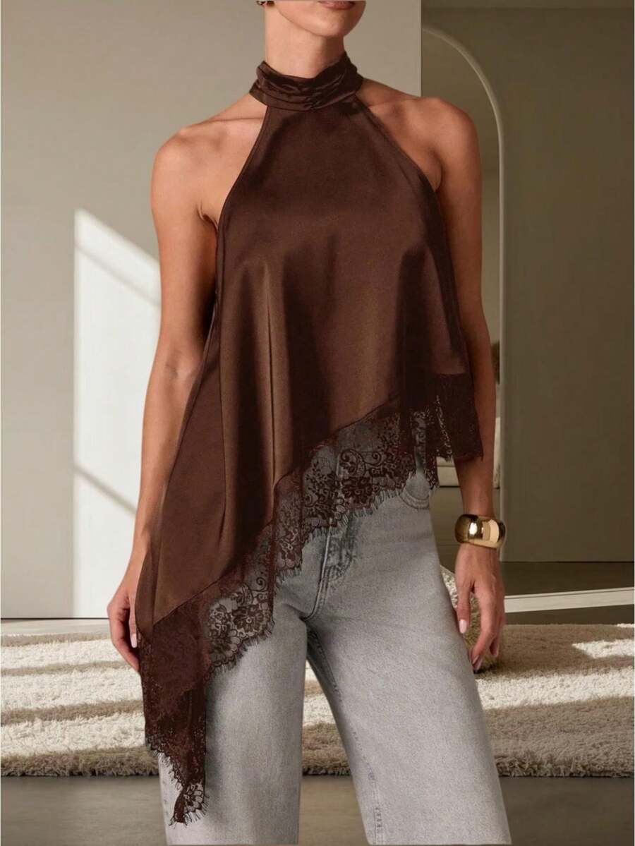 Women's Lace Halter Neck Tank Top Elegant Asymmetric Lace Patchwork Top Y2K Lace Trim Sleeveless Blouse Fashion Backless Crop Tops Loose Casual Camisole Shirt Summer Wedding Guest Party Evening Wear - nâu sẫm - Xem 1