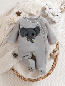 Baby Boy Elephant Print Footie Romper With Side Snap Closure, Cute Elephant Design - Grey - View 1