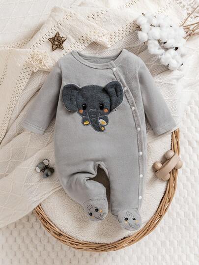 Baby Boy Elephant Print Footie Romper With Side Snap Closure, Cute Elephant Design