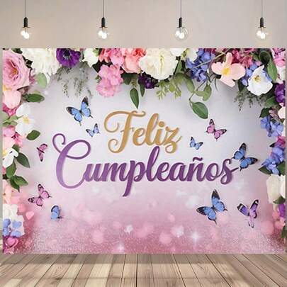 一款浅粉色和紫色花卉生日派对装饰横幅，带有西班牙语“生日快乐”字样 - 涤纶面料装饰，花朵和蝴蝶图案，适合女孩房间、墙面装饰、生日派对用品 - 四季皆宜，适合情人节、复活节、生日等，有多种尺寸可供选择。