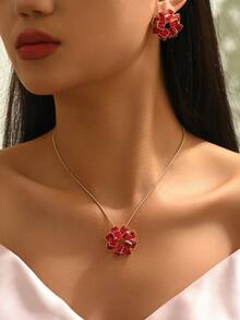 2pcs Women's Fashion Jewelry Set - Sweet & Multi-Square Layered Floral Pendant Necklace & Earrings Set, Classic Red Square Flower Decor, Suitable For Valentine's Day, Dates, Gifts, And Daily Wear - Golden Yellow + Red - View 4