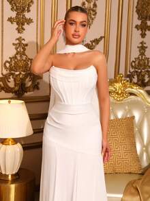 New Women's White Strapless Fishbone Pleated Patchwork Dress Elegant Wedding Bridesmaid Dress Anniversary Christmas Party Dress - White - View 3