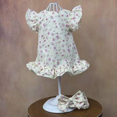2pcs/Set Fresh Floral Reborn Doll Outfit, Peach Flower Print Dress (Short Ruffle Sleeve) + Matching Bow Headband, Fits 19-22 Inch Dolls