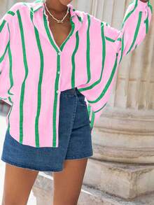 Women's Striped Plus Size Boyfriend Shirt, Front Short Back Long Button Down Casual Blouse, Suitable For Spring, Summer, Autumn - Pink and Green Stripes - View 4