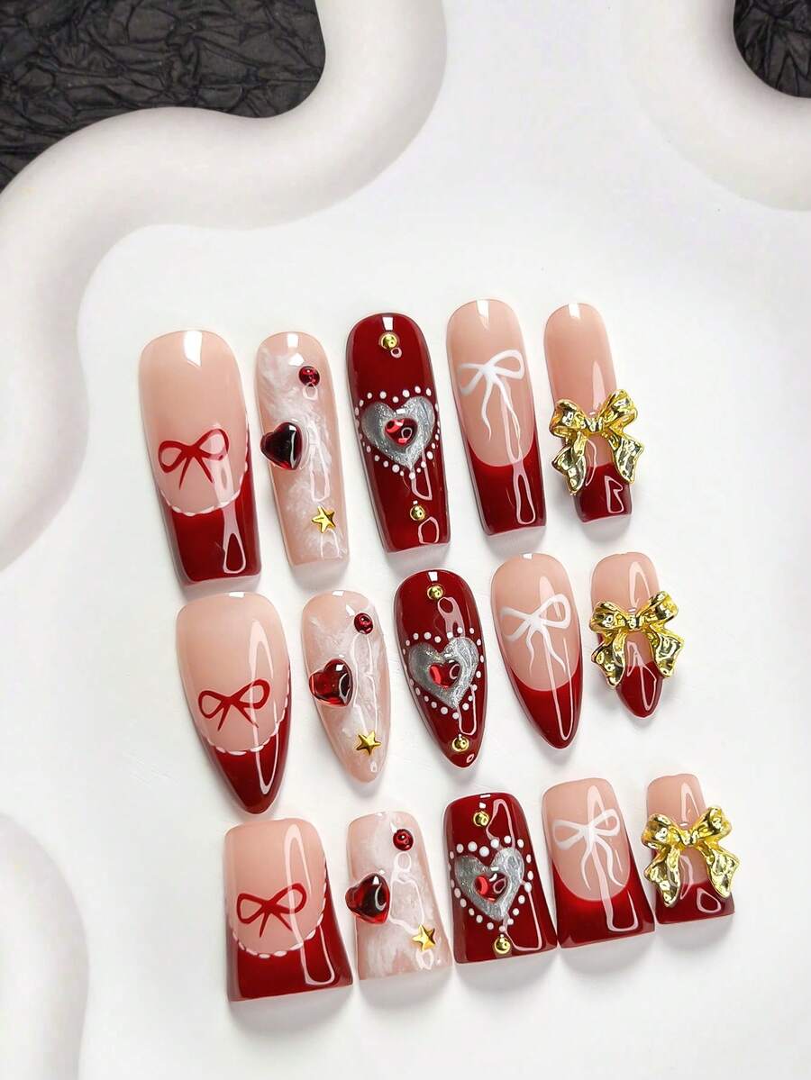 10片浪漫红色系列美甲贴纸套装,法式美甲套装,手绘蝴蝶结和爱心美甲装饰,中长杏仁形美甲贴纸,方形美甲贴纸,鸭嘴形美甲贴纸,红色闪光水钻假指甲,合金蝴蝶结美甲配件,包含工具包,适合女性和女孩,派对、约会、外出就餐、日常美甲用品 - 彩色 - 查看 1