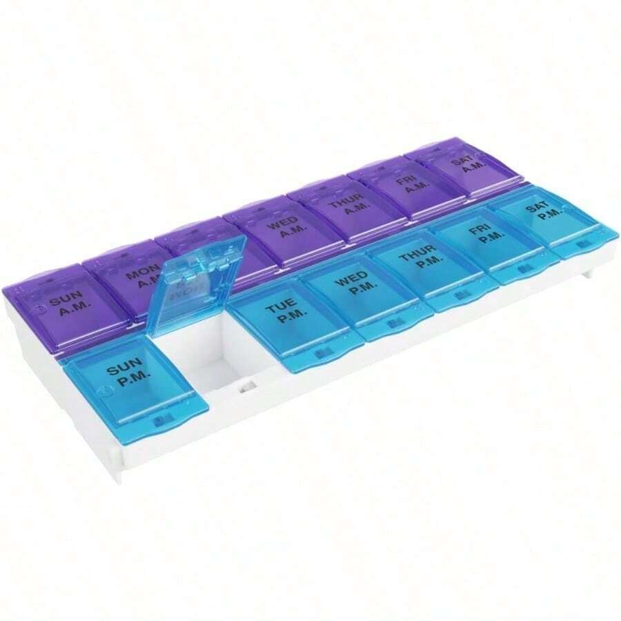 Double Row Portable Pill Organizer - 14 Compartments For 7 Days, Travel-Sized With Lids, Leak-Proof & Compact For Car, Purse, And Suitcase - 藍紫色 - 查看 1