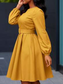 Váy midi viền bèo nhún thanh lịch dành cho nữ có thắt lưng, cổ tròn, túi, màu trơn, chất liệu vải phù hợp cho những dịp trang trọng, thường ngày, công sở, mùa thu - gừng - Xem 2