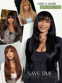 Peluca con flecos negros, peluca recta con capas y flequillo, peluca recta con capas y flequillo en degradado marrón lista para usar, mezcla de marrón, lista para usar, peluca sintética recta de 28 pulgadas de largo sin pegamento, sin pegamento, para uso diario - Resaltar marrón - Ver 8