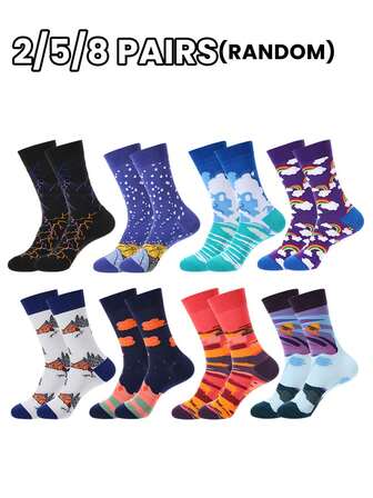 2/5/8 paires aléatoires de chaussettes hautes asymétriques mode et polyvalentes avec des motifs d'animaux de bande dessinée, d'outils et de personnages