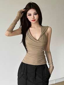 Top Dazzle 女士性感连帽露背短款上衣，半透明针织面料，长袖休闲修身款，中等弹力，夏季 - 卡其色 - 查看 6