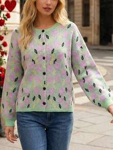 Plus Size Women Mint Green Loose Cardigan, Sweet Casual Single-Breasted Knit Jacket