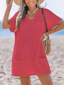 Women Crochet Beach Coverup Waffle Knit Loose Casual Wear V Neck Short Sleeve Dress Swimsuit For Women With Pockets - 紅色 - 查看 3