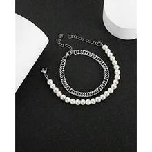 Pulsera de perlas de imitación para hombre con cadena Figaro de eslabones cubanos regalo masculino Acero inoxidable Sin gemas. - como en la foto - Ver 3