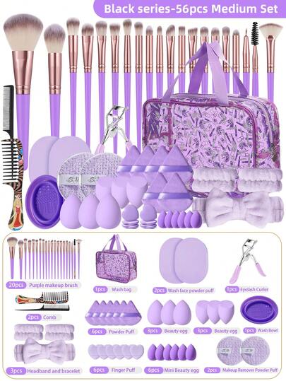 56pcs Makeup Brush Set, Includes Eye Shadow Brush, Eyebrow Brush, Foundation Brush, Powder Brush, Blush Brush, Concealer Brush And Highlighter Brush, Made Of Ultra-Soft Premium Synthetic Hair, Ideal For Daily Facial Makeup. The Set Contains Various Makeup Brushes, Perfect For Creating Flawless Makeup Looks.