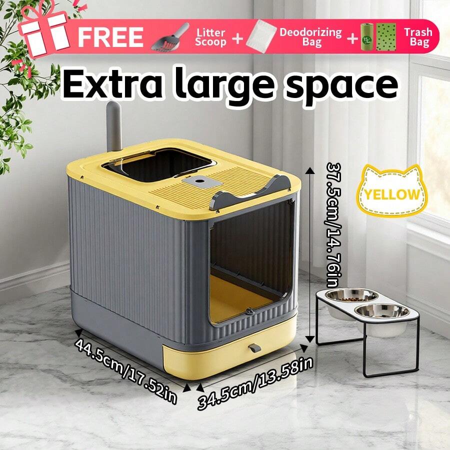 MOFOROCO Lovely Large Capacity Automatic Cat Litter Box, Odor Control Enclosed Front Entry Top Exit Kitty Foldable Litter Box, With Litter Scoop & Activated Carbon Bag, Litter Mat For Option, White, Pink, Yellow - 黃色 - 查看 1