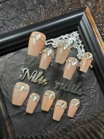 10pcs Short Coffin Shaped Acrylic Nail Set, Champagne Cat Eye Nail Stickers, 3D Diamond & Steel Ball Nail Decor, Y2K Style Wearable Nail Kit, Suitable For Women & Girls On Holidays, Daily, Gatherings, Parties, Includes 1 Mini Nail File & 1 Double-Sided Adhesive Label