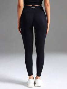 Quần legging yoga không đường may, co giãn cao, ôm bụng, cạp rộng, quần bó thể thao với viền tương phản. - màu đen - Xem 6