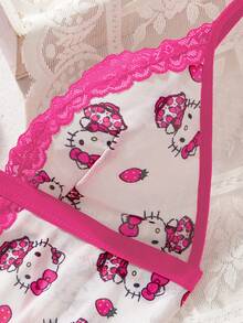 SANRIO 2件套  玫瑰粉白草莓印花薄纱蕾丝拼接浪漫约会连衣裙，性感内衣睡衣套装（女士款） - 玫紅色 - 查看 3