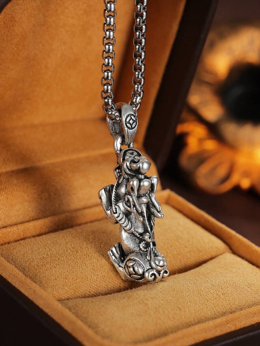 男士嘻哈貔貅吊坠项链 1 件 - 復古銀色 - 查看 1