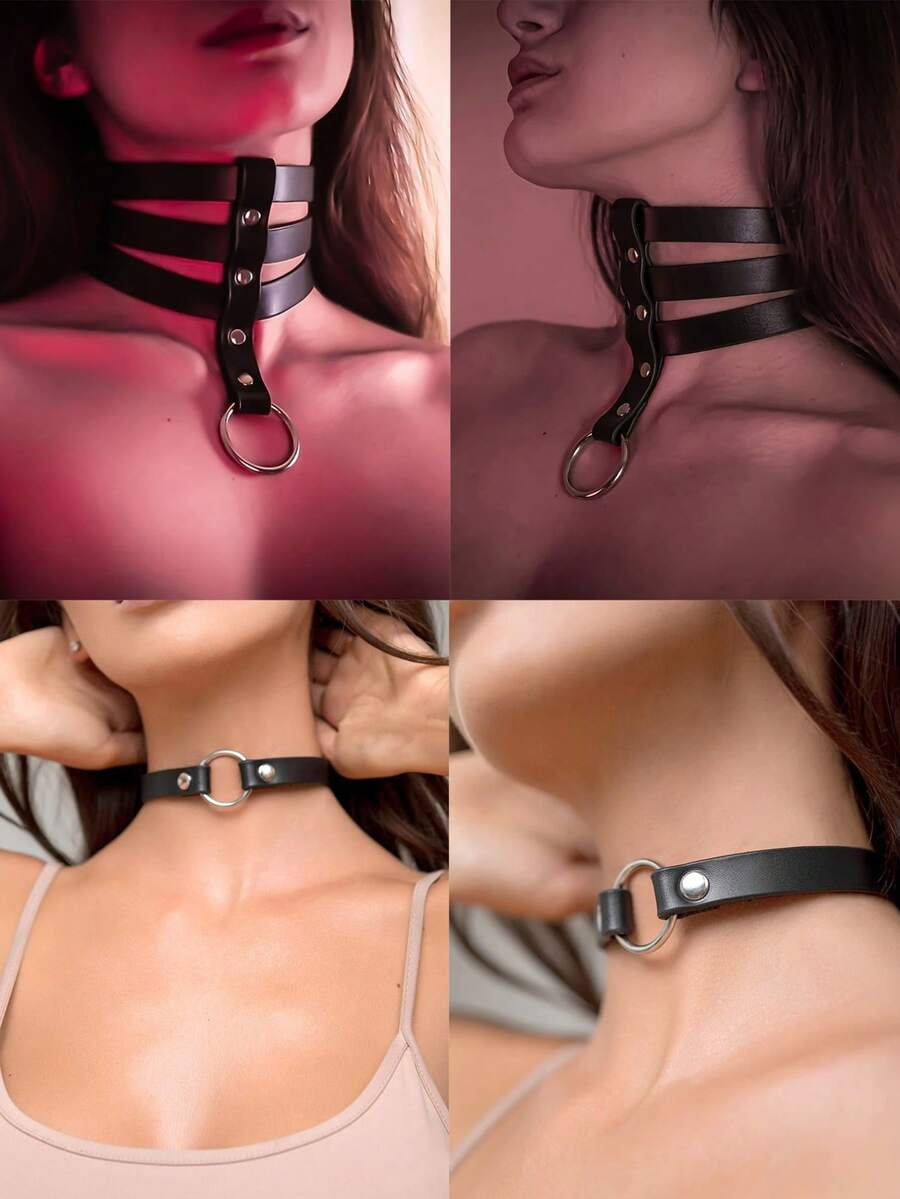 4pcs/2pcs/1pc Punk Gothic Style Necklace, Women's Lingerie Accessory, Adjustable Faux Leather Choker Necklace - Black - View 1