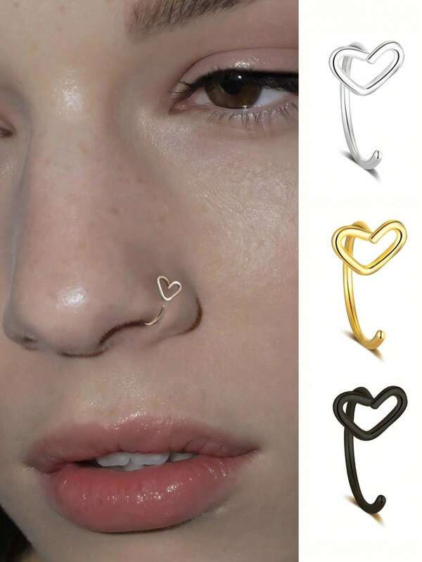1个/2个/3个装不锈钢黑色心形鼻钉/鼻环，朋克嘻哈风格身体饰品，适合女性和女孩，L型鼻环，适合日常休闲佩戴