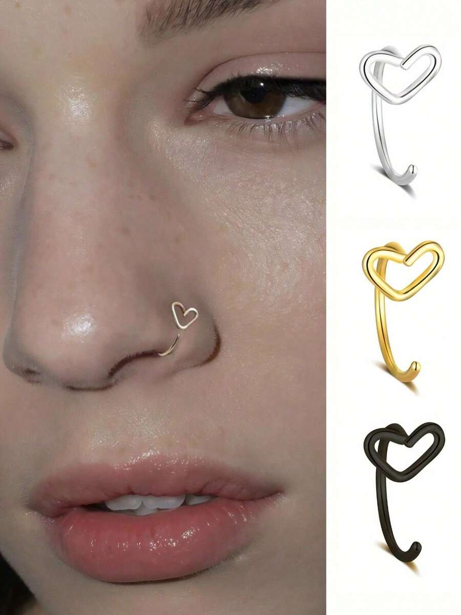 1个/2个/3个装不锈钢黑色心形鼻钉/鼻环，朋克嘻哈风格身体饰品，适合女性和女孩，L型鼻环，适合日常休闲佩戴