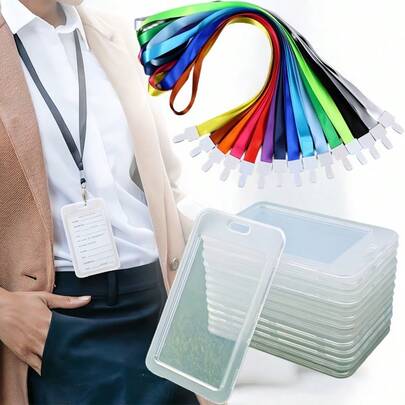5/10pcs Transparent Flip Cover Card Holder With Lanyard, Halter Protection Case, Anti-Lost Plastic Hard Shell ID Badge Holder