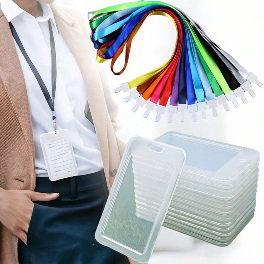 5/10个装透明翻盖卡套带挂绳，挂绳保护套，防丢塑料硬壳证件套 - 無色 - 查看 1