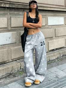 女士星形图案抽绳口袋裤，休闲街头风设计。适合派对、日常穿着和换季时节。 - 灰色 - 查看 9