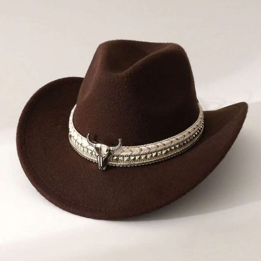 1 Piece, Western-Style Cowboy Felt Hat Adorned With A Metal Skull Charm, Vintage Workwear Aesthetic, Nostalgic Fashion, Perfect For Travel, Music Festivals And Everyday Wear. - Multicolor - View 1