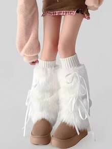 1 Pair Y2K Style Fuzzy Leg Warmers With Bow Tie Straps, In White/Khaki/Coffee, Suitable For Autumn/Winter (May Have Slight Shedding) - Multicolor - View 3