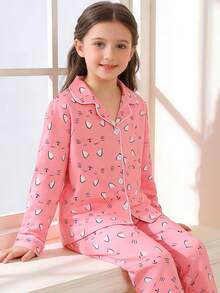 2pcs Tween Girl Pajama Set, Cute Cartoon Cat Pattern, Long Sleeve Cardigan Top And Long Pants, Flame Retardant Knit Fabric, Can Be Worn Outerwear, Suitable For All Seasons, Boys And Girls - 粉色 - 查看 7