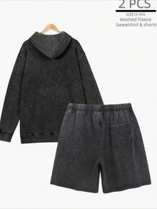 2-Piece Men's Fleece Washed Hoodie Set, With Washed Shorts, Vintage Heavyweight Washed Street Style Men's Sports Suit, Men's Winter Clothing, Men's Gift, Long Sleeved Washed Sports Suit, Unisex,Solid Color - Đen + Đen - Xem 2