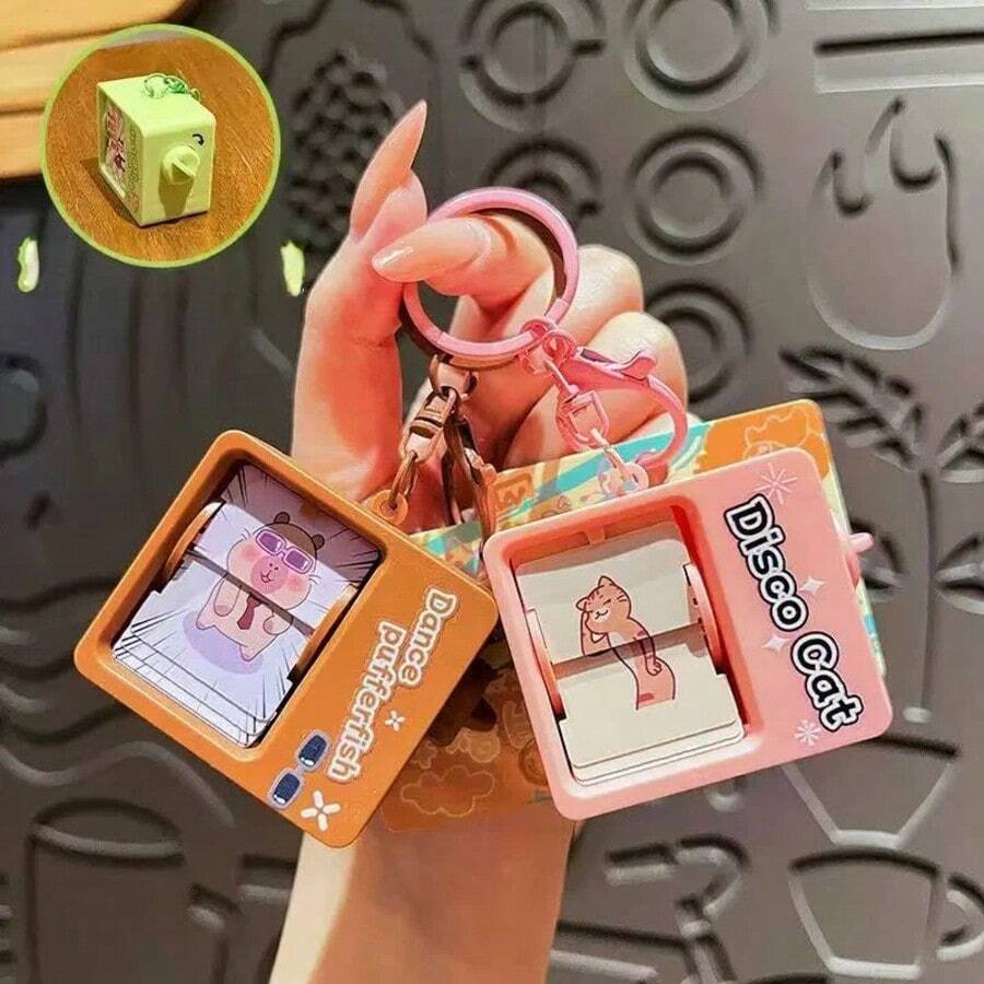 1个创意卡通翻页书钥匙扣，可旋转活动，可爱水豚动态设计，适合作为学生、朋友、汽车、背包、生日、派对礼物 - 彩色 - 查看 1