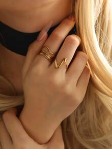 2 piezas Anillos abiertos de diseño único y minimalista de acero inoxidable - Dorado - Ver 6