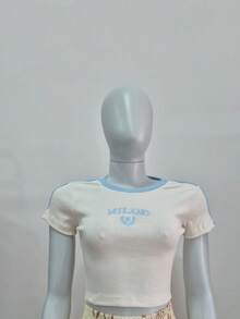 Women's Summer Cropped T-Shirt With Milano Embroidery, Premium Ribbed Knit Fabric, Contrasting Waistband, Knitted Embroidery, Daily Wear - 淺藍色 - 查看 1