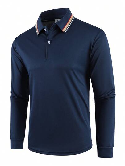 Men's Sport Lapel Golf Polo Shirt, Casual Long Sleeved T-Shirt, Button Details, Slightly Stretchy Fabric, Regular Fit Long Sleeved - Suitable For All Seasons, Perfect For Playing Tennis And Weekend Casual Wear