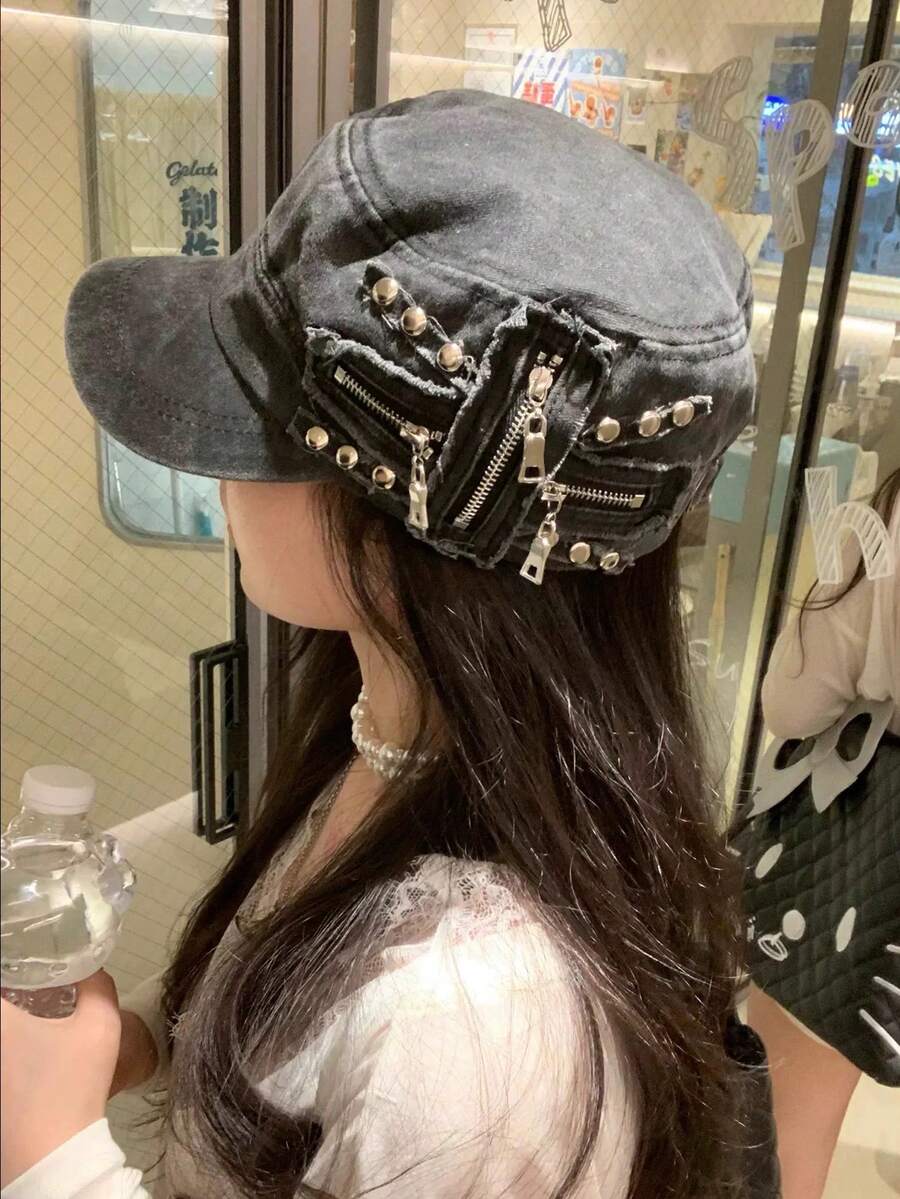 复古铆钉水洗平顶帽，小众美式复古贝雷帽大头做旧造型帽 - 棒球帽 - 查看 1