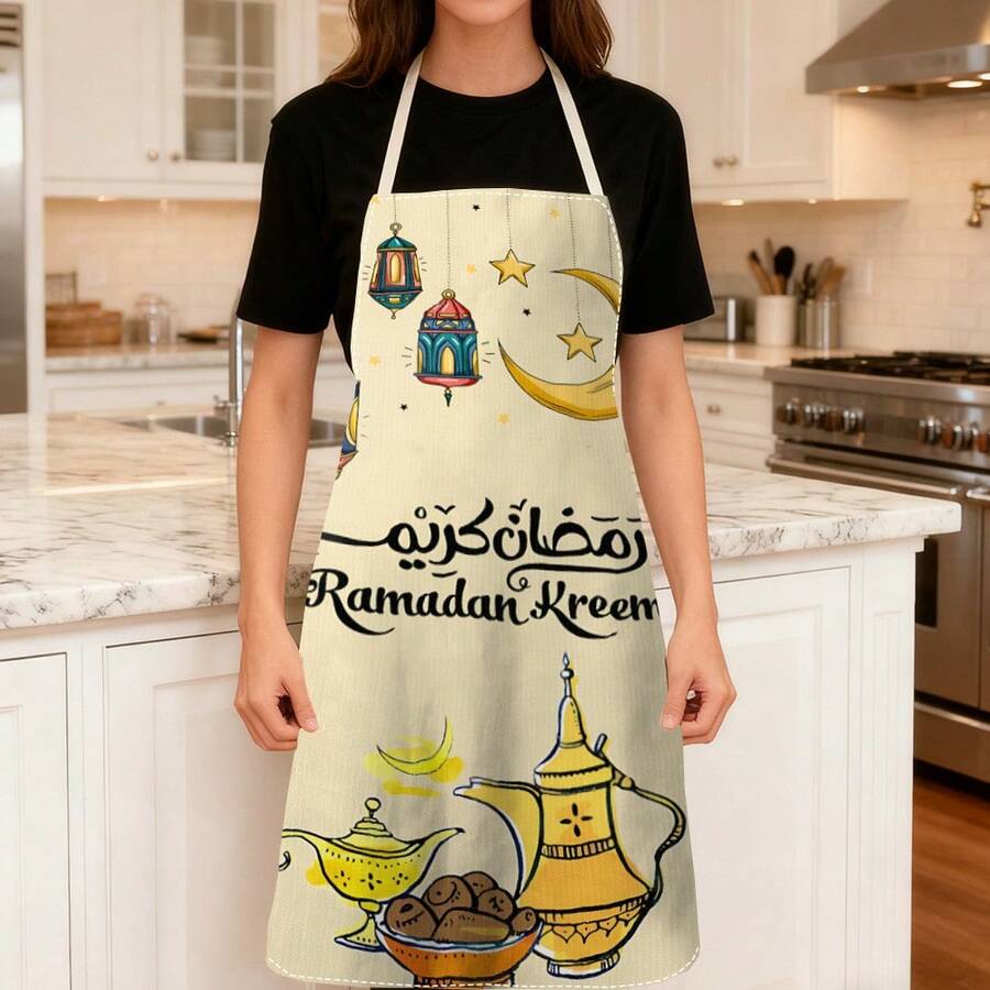 1 Peça Avental Impresso com Tema de Ramadã, Presente de Ramadã, Decoração de Ramadã, 100% Poliéster, Sem Mangas, Design de Alça no Pescoço, Adequado para Cozinhar, Assar e Entreter, Ótimo para Casa, Restaurante, Festa, Churrasco ao Ar Livre, Avental de Cozimento | Avental Vibrante | Avental de Poliéster | Avental Impresso - Multicolorido - Visão 1